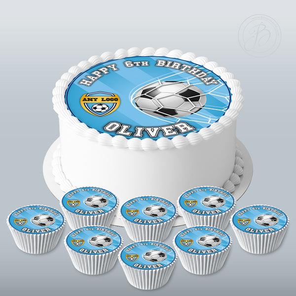 Your Football Club logo personalised set 7.5in round cake topper + 8 cupcakes edible cake decoration