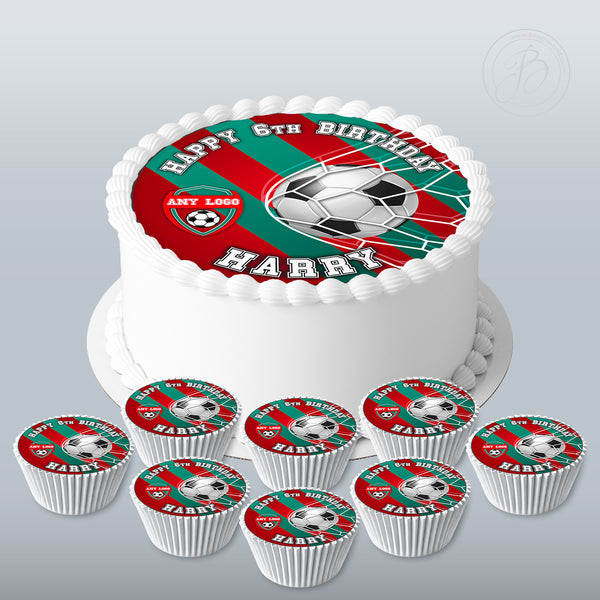 Your Football Team logo personalised set 7.5in round cake topper + 8 cupcakes edible cake decoration