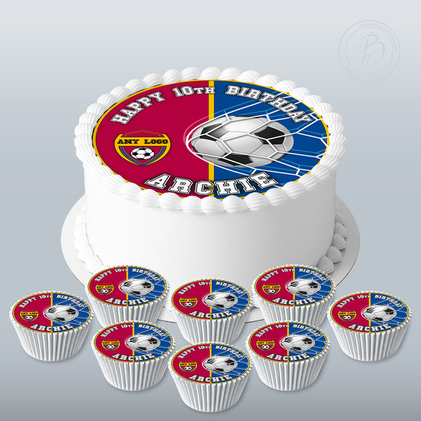 Your Football Team logo personalised set 7.5in round cake topper + 8 cupcakes edible cake decoration