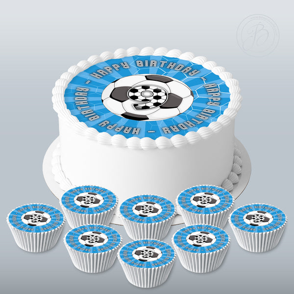 Personalised Football / Soccer Ball set 7.5in round cake topper + 8 cupcakes edible cake decoration