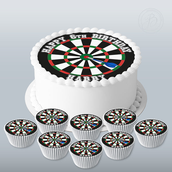 Personalised Dart Board / Darts set 7.5in round cake topper + 8 cupcakes edible cake decoration