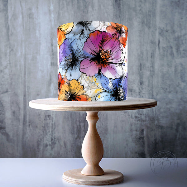 Large Alcohol Ink Flower Design Colourful Seamless Floral wrap around edible cake topper decoration