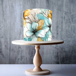 Large Soft Teal and Yellow Flowers Seamless Floral wrap around edible cake topper decoration