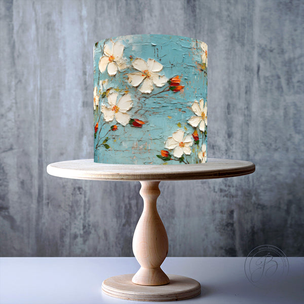 Vintage Blossoms Aged Oil Paint Rustic Blue Seamless Floral wrap around edible cake topper decoration