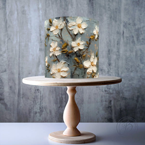 Oil Paint Rustic Blossoms Muted blue-grey Seamless Floral wrap around edible cake topper decoration