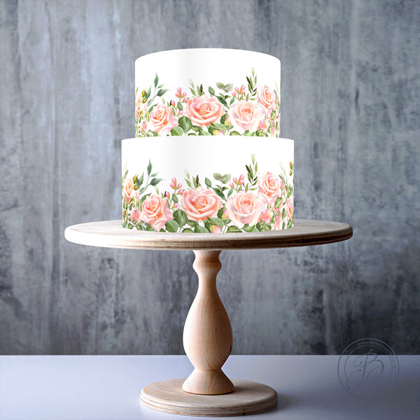 Soft Pink Roses Watercolour Seamless Floral cake ribbon border edible topper decoration