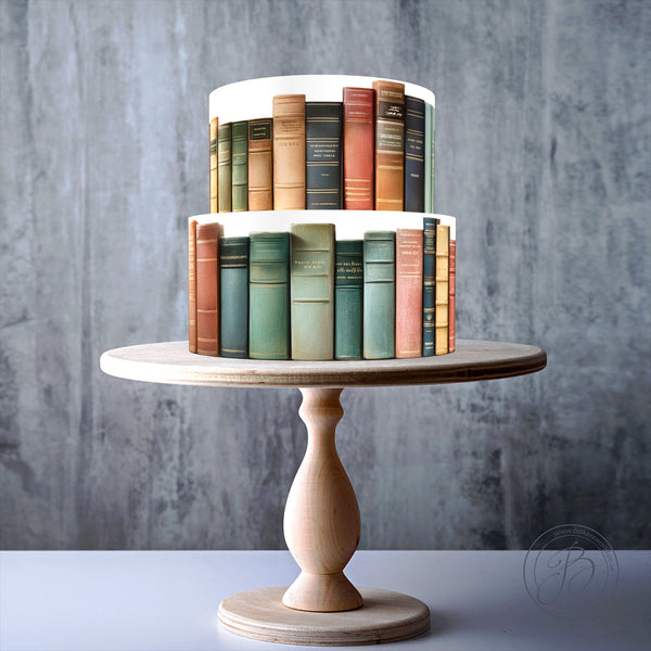 Vintage Bookshelf Design, Book Spines cake, Books ribbon border edging edible topper decoration