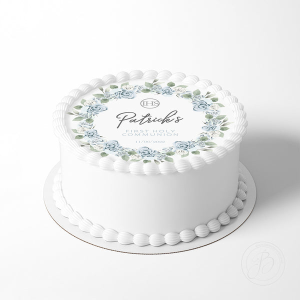 Personalised First Holy Communion Wreath 7.5in round edible cake topper decoration (English version)
