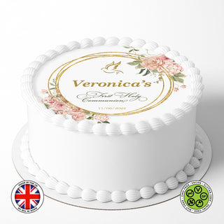 Personalised First Holy Communion Wreath 7.5in round edible cake topper decoration (English version)
