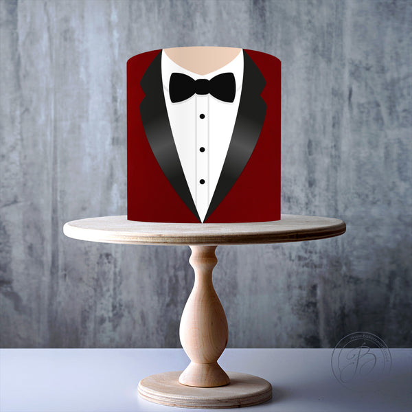 Tuxedo burgundy suit & butterfly tie edible cake topper decoration