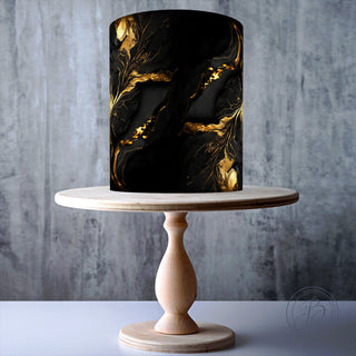 Panoramic black and gold effect marble edible cake topper decoration