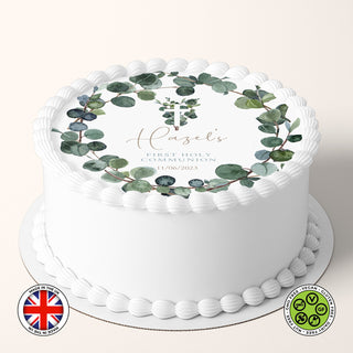 Personalised Watercolour Eucalyptus Wreath 7.5in round edible cake topper Communion Christening Baptism Confirmation (English version)