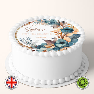 Personalised Boho Floral Frame Wreath 7.5in round edible cake topper Communion Christening Baptism Confirmation (English version)