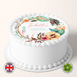 Personalised Boho Floral Watercolour Wreath 7.5in round edible cake topper Communion Christening Baptism Confirmation (English version)