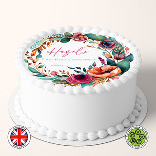 Personalised Boho Floral Watercolour Wreath 7.5in round edible cake topper Communion Christening Baptism Confirmation (English version)