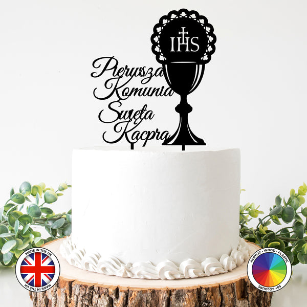 Personalised IHS Pierwsza Komunia Swieta - First Holy Communion cake topper (Chalice)