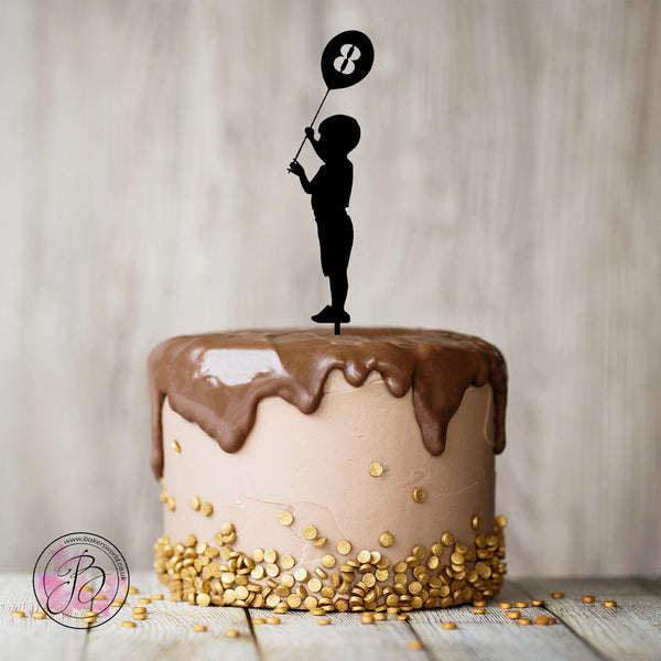 Personalised boy with balloon silhouette birthday cake topper