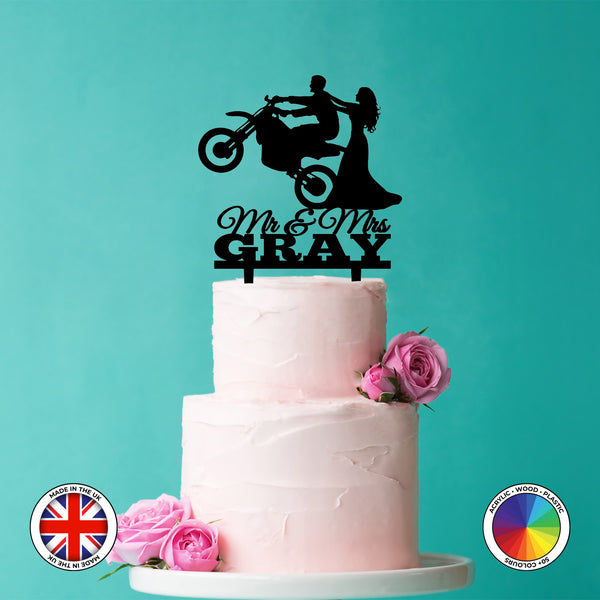 Personalised Bride and biker Groom "Mr & Mrs" - wedding cake topper