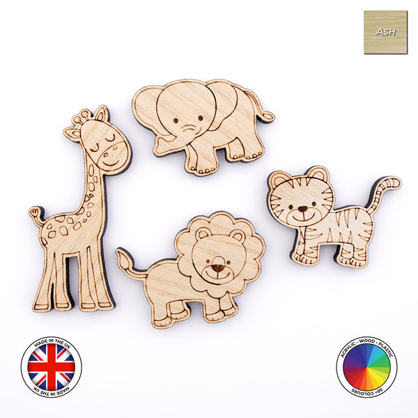 Set of 4 Wooden Animals Charms (Tiger, Elephant, Giraffe, Lion)