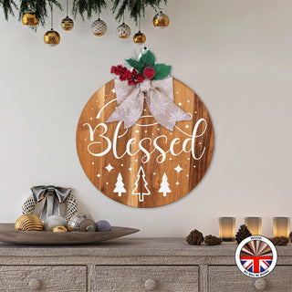 Blessed - Round Wooden Christmas Door Sign