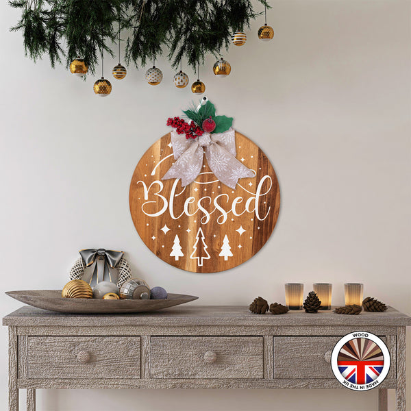 Blessed - Round Wooden Christmas Door Sign