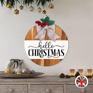 hello CHRISTMAS - Round Wooden Christmas Door Sign