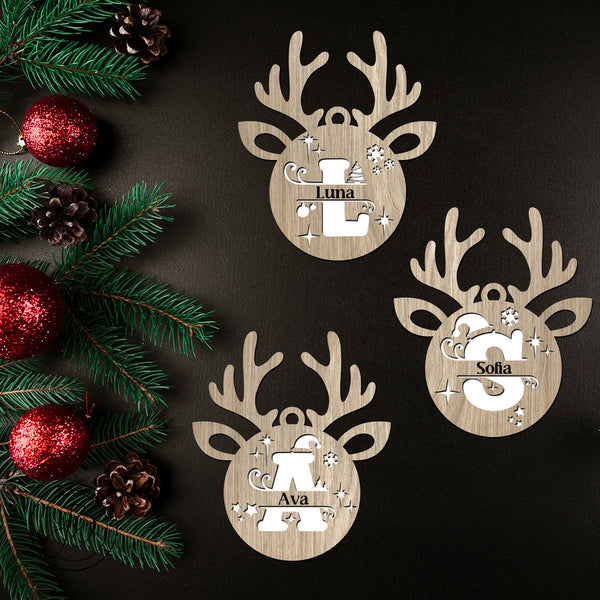 Personalised Santa’s Reindeer Christmas Ornament Split Monogram dual-layer wooden Decor